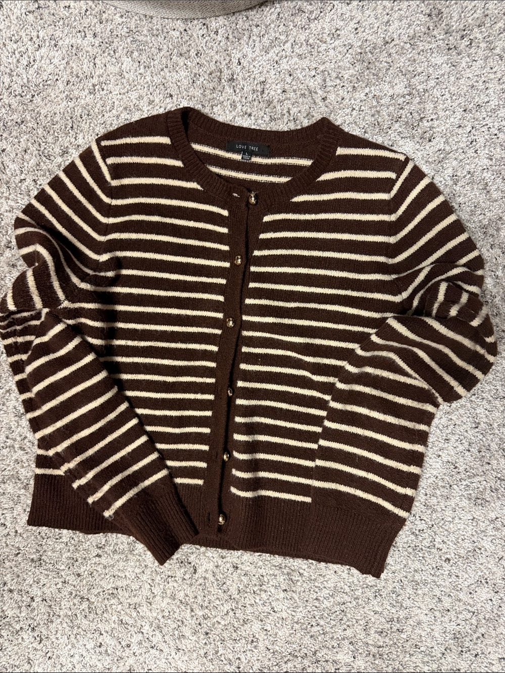 Fall trend Love Tree chocolate brown & cream stripe gold button-front cardigan